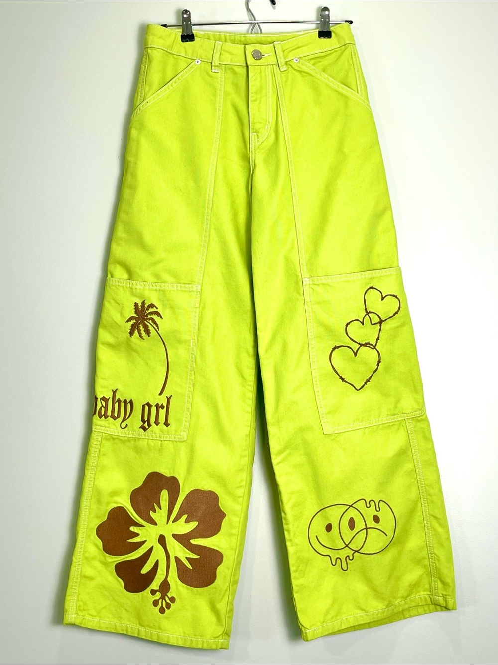 BDG Women's Lime Green Cargo Wide-Leg Baggy Pants Embroidered Baby Girl Size 0